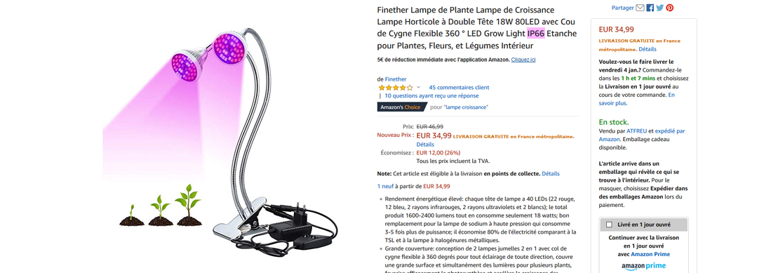 Lampe pour Plantes Interieur,315 LEDs Lampe LED Horticole, Chronométrage  AUTO - ON/OFF, 3 Heads Spectre Complet Lampe de Croissance pour Semis,  Succulentes, Orchidee